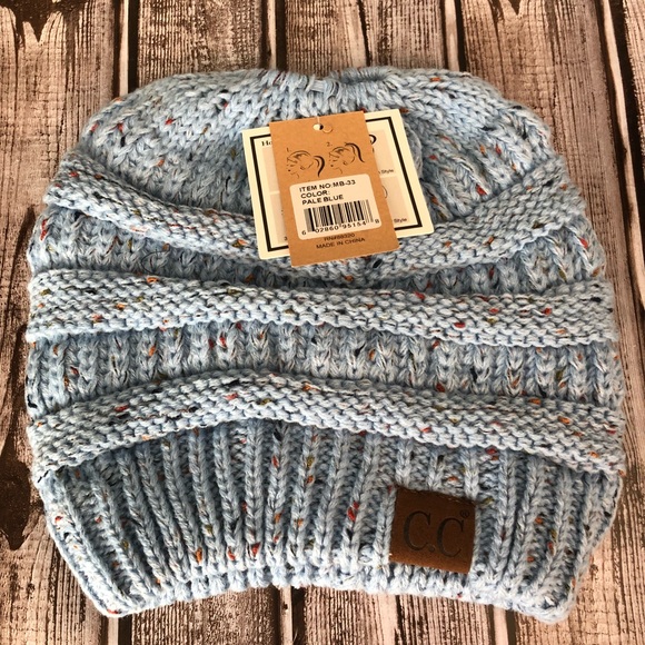 Pale Blue C.C Messy Bun Beanie With Confetti New - Picture 2 of 5